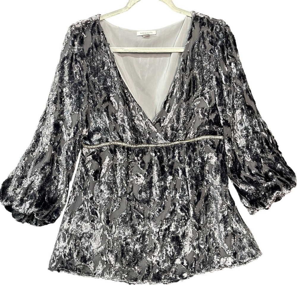 Boston Proper Blouse Sz 10 Silver Silk Velvet Rhinestone Bubble Hem Bell Sleeve